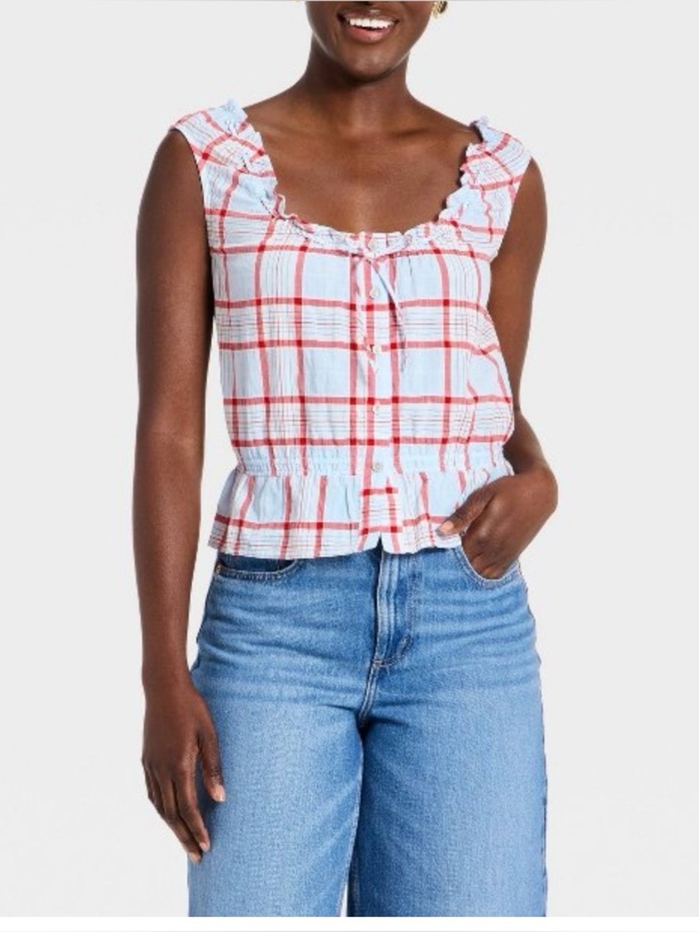 NWT Universal Thread Women's Plaid Ruffle Tie-Front Tank Top - X-small